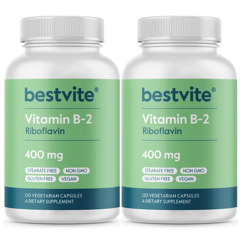 BESTVITE Vitamin B2 Riboflavin 400mg 240 Vegetarian Capsules 120 x 2 No Stearates Vegan Non GMO Gluten Free